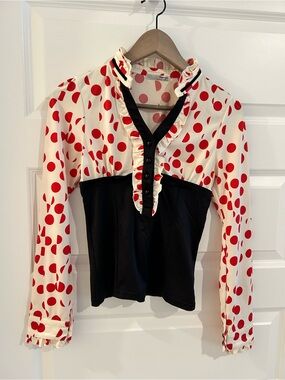 Mango Polka Dot Ruffle Blouse Cream Red Black Size XXS